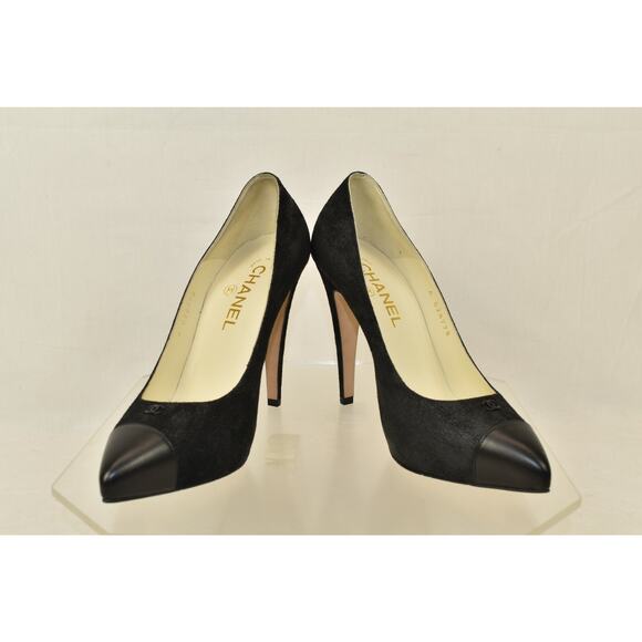 NIB CHANEL BLACK G28778 SHIMMER SUEDE CC LOGO POINTY CAP TOE CLASSIC PUMPS 37.5 - Picture 7 of 12